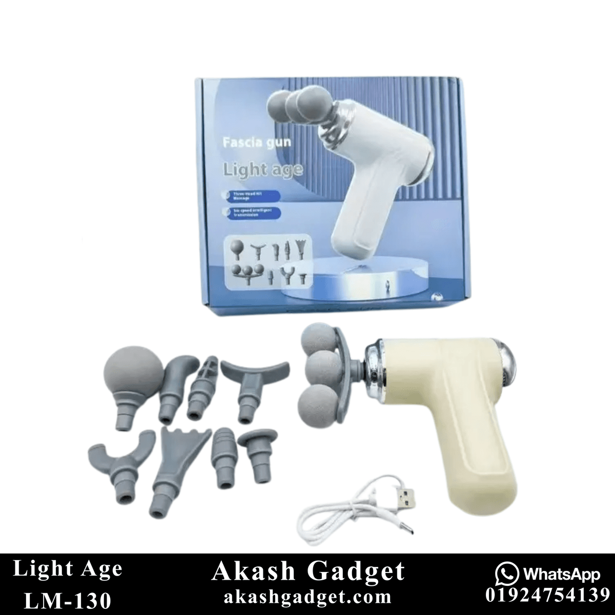 Light Age LM-130 Deep Tissue Massage Fascia Gun | Three Headed 9-Tool Attachment Set